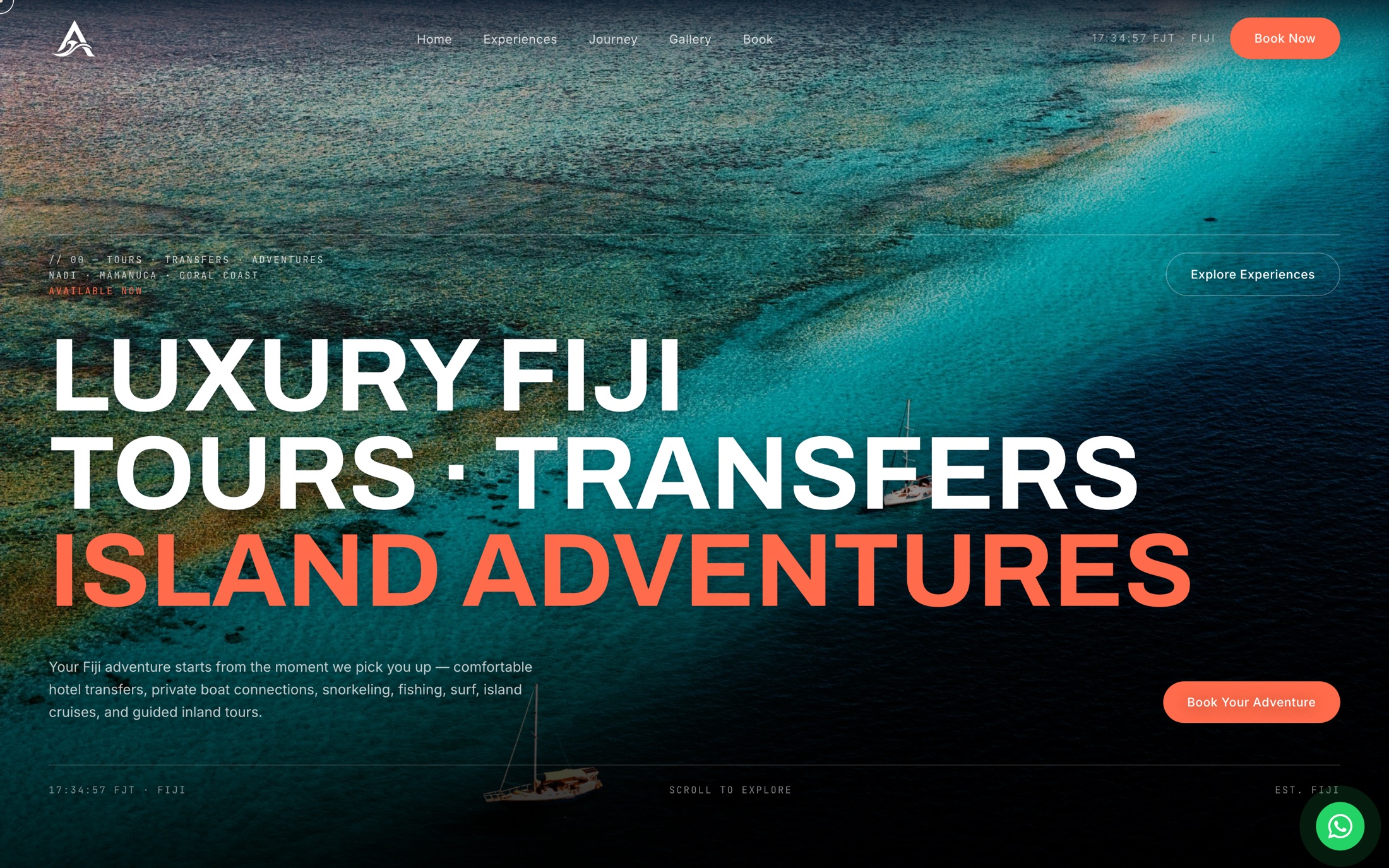 Screenshot of the Aquaria Tours & Transfers Fiji website built by Axis Studio: Luxury Fiji tours, transfers and island adventures