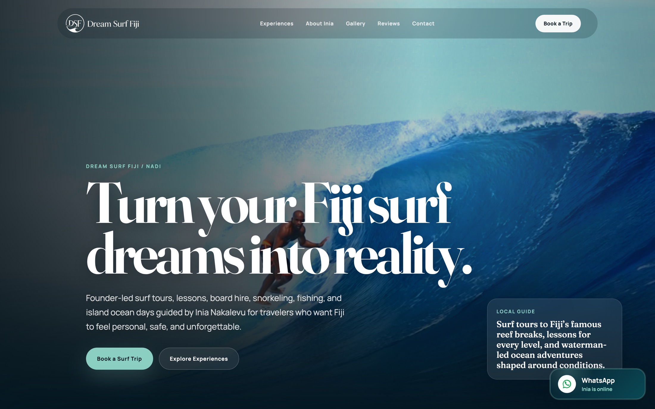 Screenshot of the Dream Surf Fiji website built by Axis Studio: Turn your Fiji surf dreams into reality